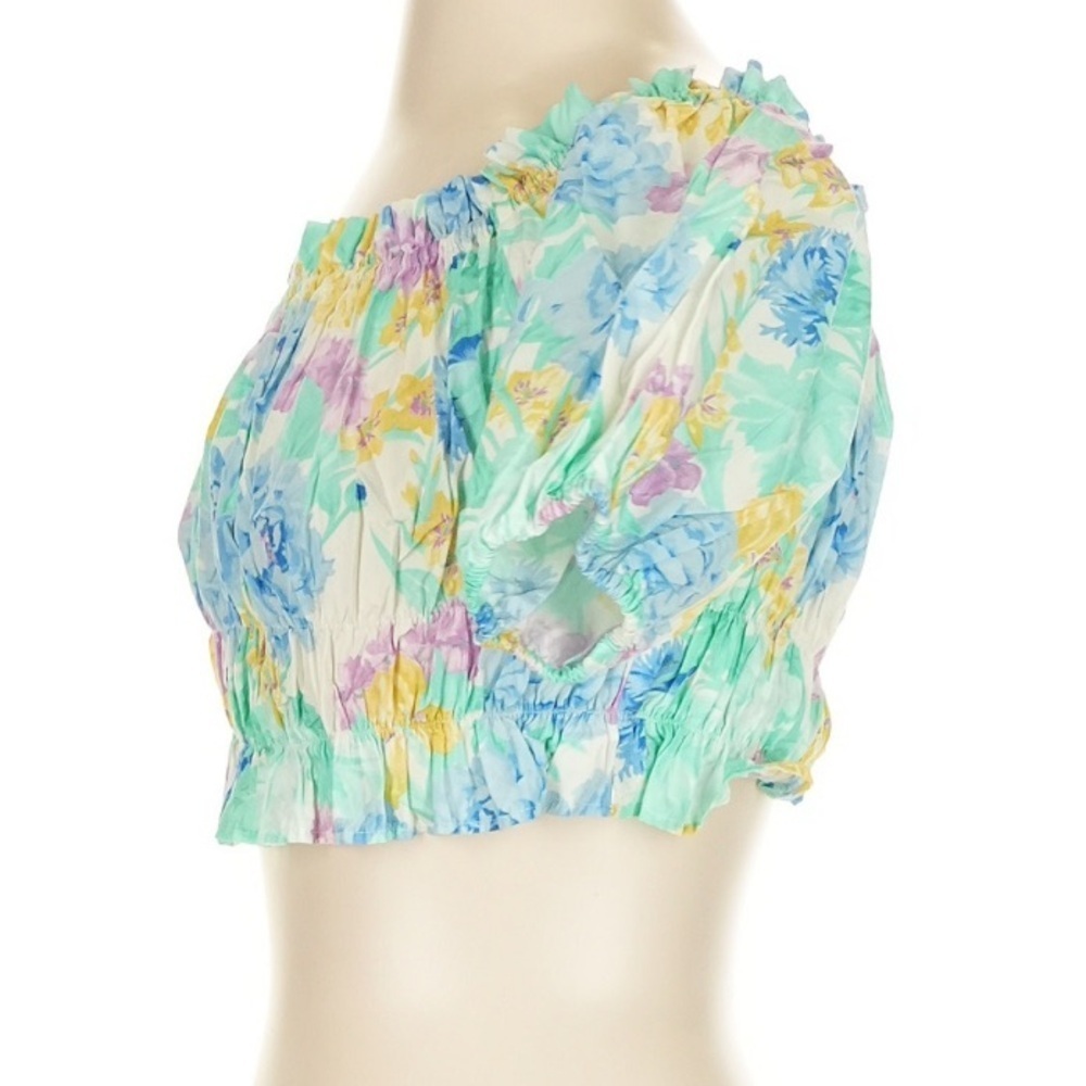 Zara Watercolor Floral Smocked Crop Top Puff Sleeve Off Shoulder Size S - Picture 4 of 5
